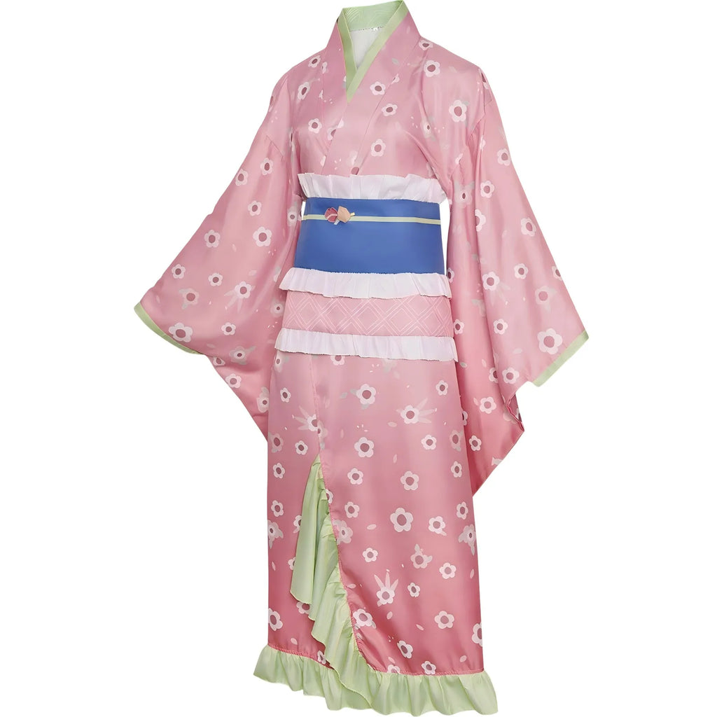 side shot of pink flower print mitsuri kanroji yukata cos costume