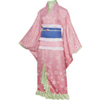 side shot of pink flower print mitsuri kanroji yukata cos costume