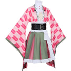front view of kanroji mitsuri cos costume, pink wide sleeve haori, layered skirt
