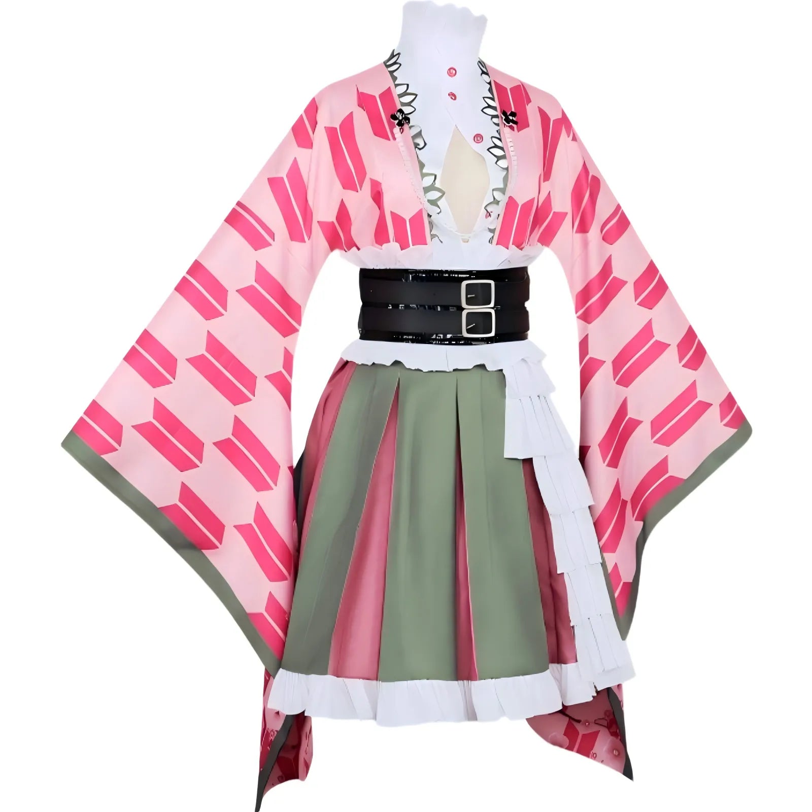 front view of kanroji mitsuri cos costume, pink wide sleeve haori, layered skirt