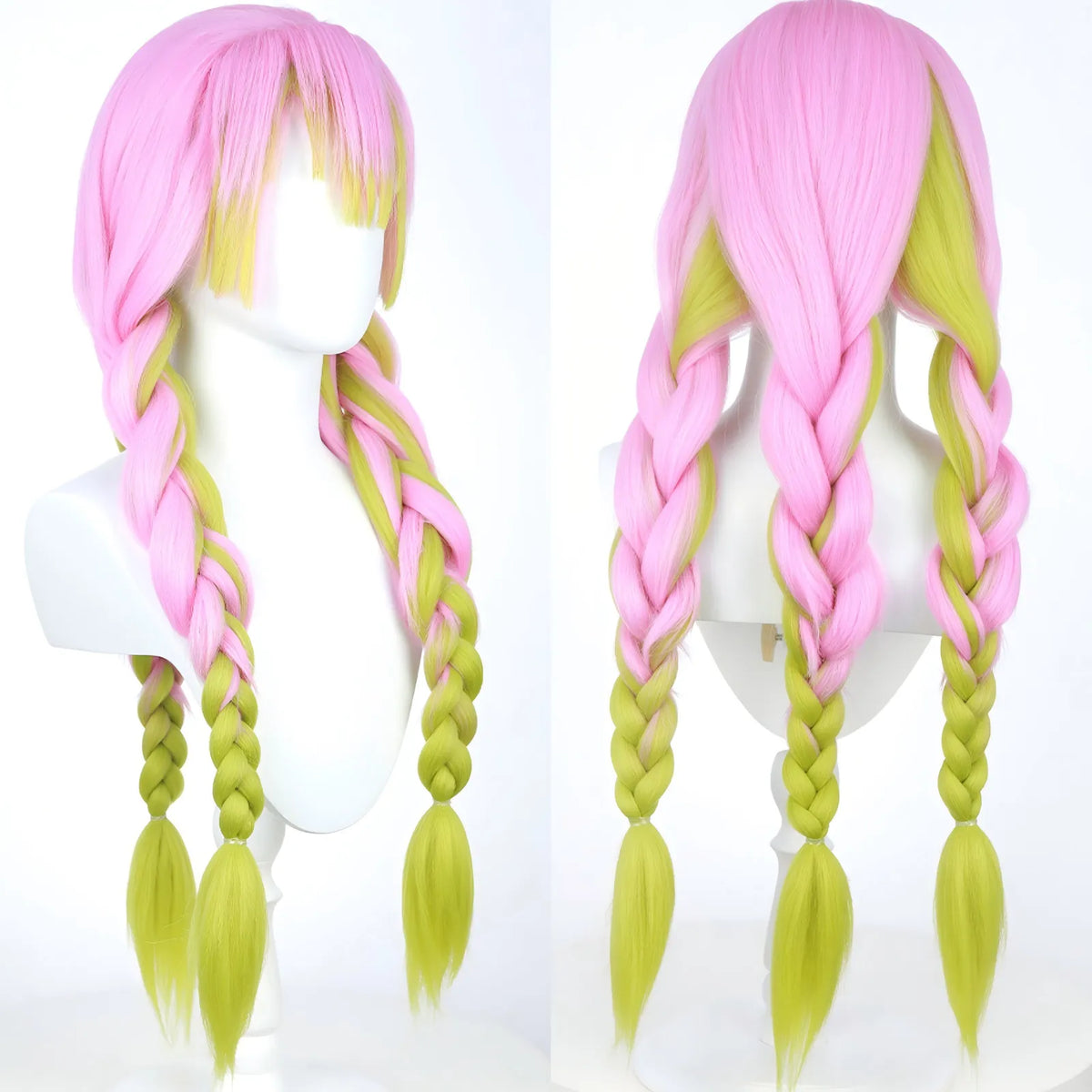 pink‑green gradient braided cosplay wig for mitsuri kanroji, front and rear display