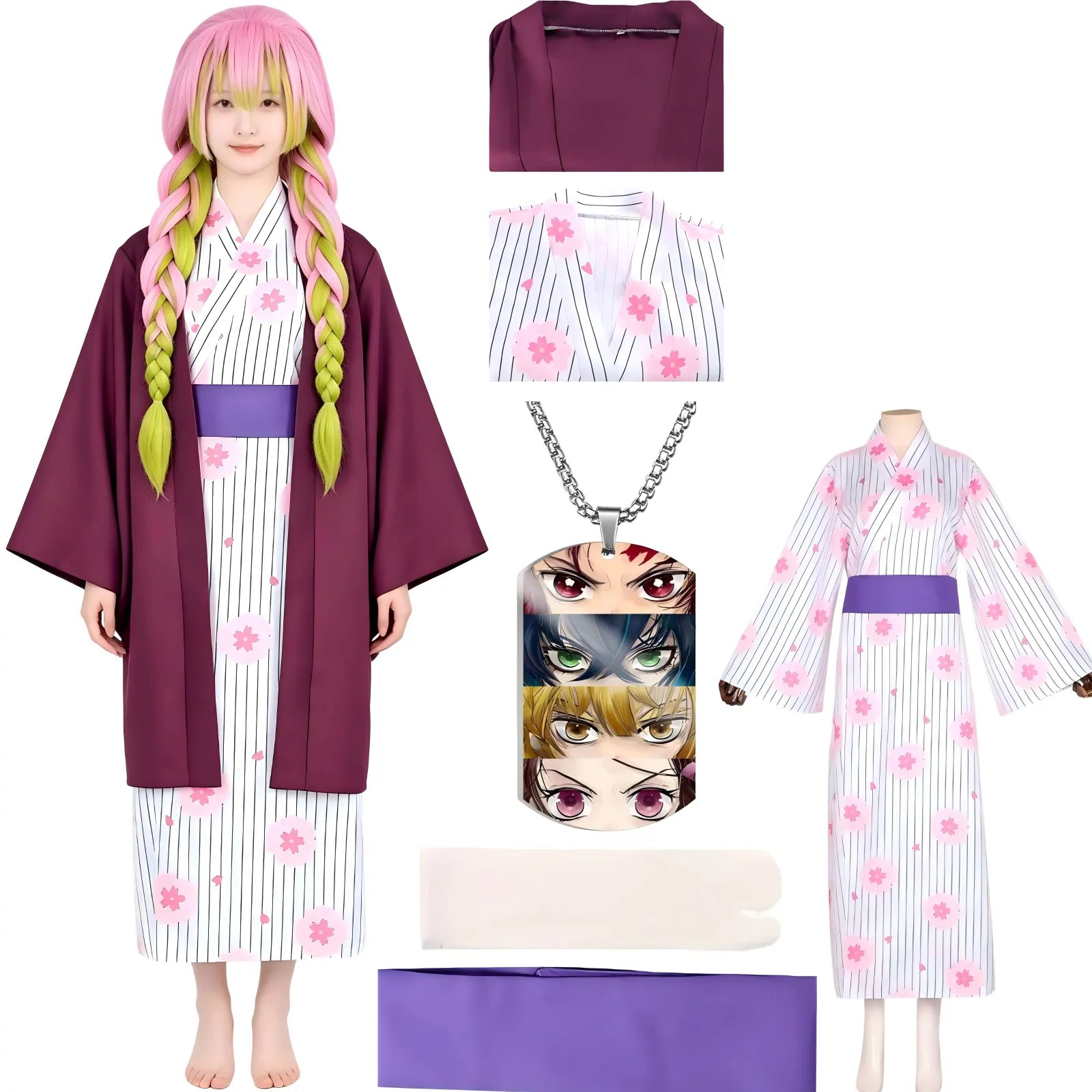 young woman model wearing mitsuri kanroji cosplay outfit with all accessories on white background