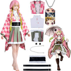 young model wearing mitsuri kanroji cosplay outfit, complete costume and accessories display, white background