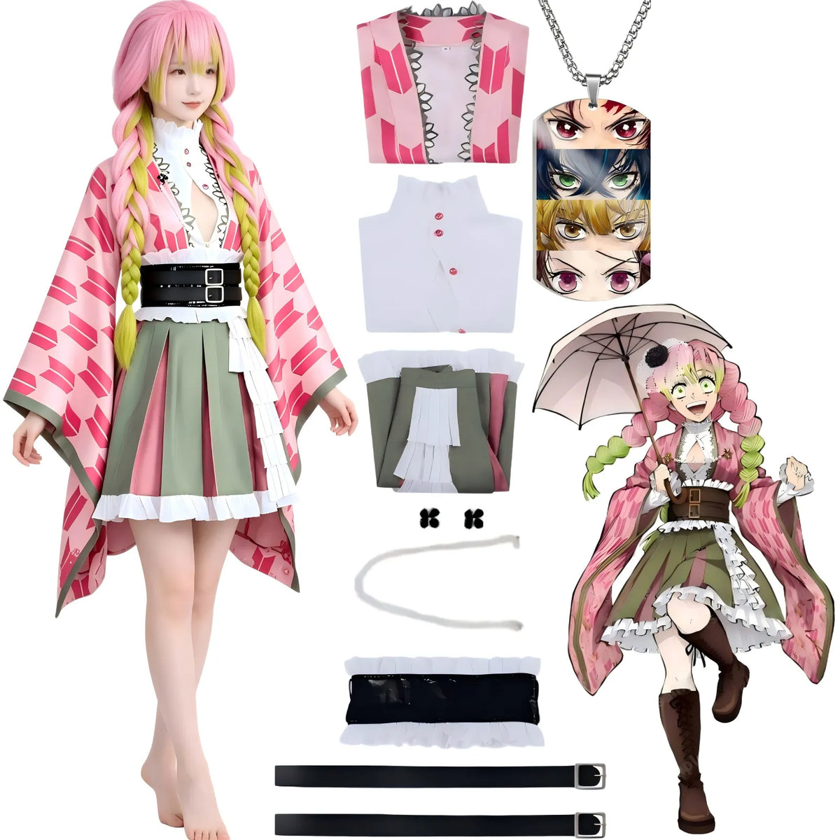 young model wearing mitsuri kanroji cosplay outfit, complete costume and accessories display, white background