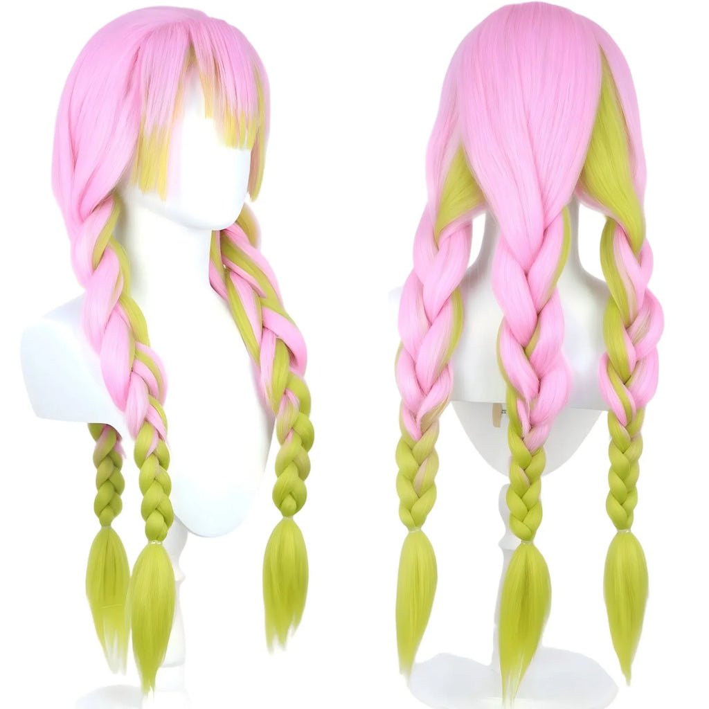 pink green ombre long braided wig for mitsuri kanroji cosplay, front and back display