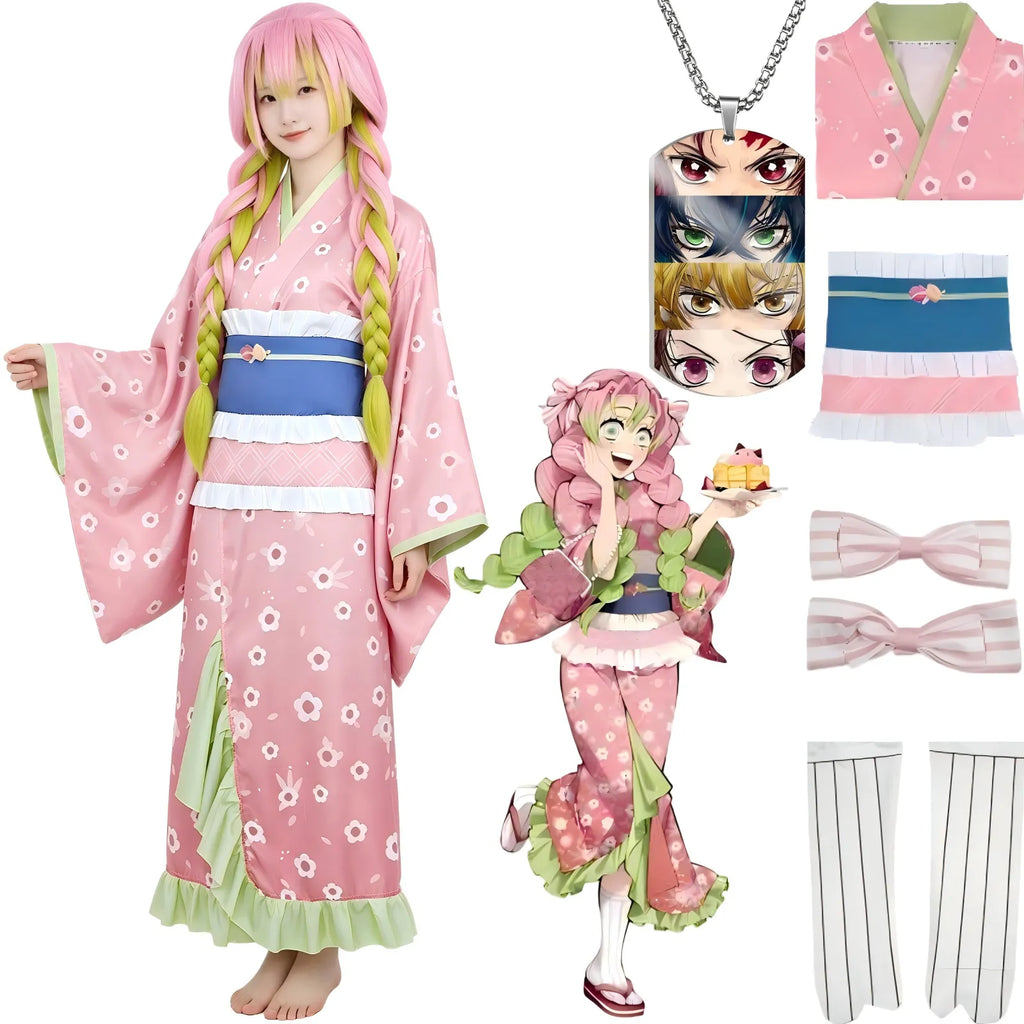 model wearing pink floral mitsuri kanroji kimono cos costume, matching accessories display, white background