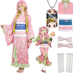 model wearing pink floral mitsuri kanroji kimono cos costume, matching accessories display, white background
