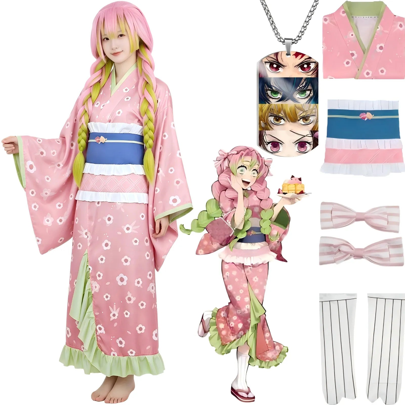 model wearing pink floral mitsuri kanroji kimono cos costume, matching accessories display, white background