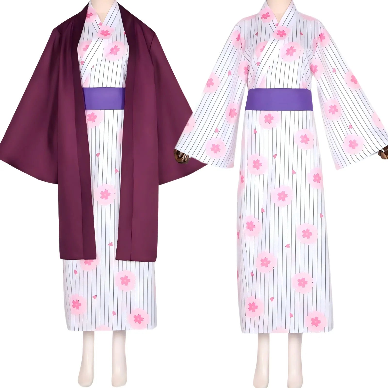 two‑piece display of mitsuri kanroji cosplay, kimono alone and with purple outer haori