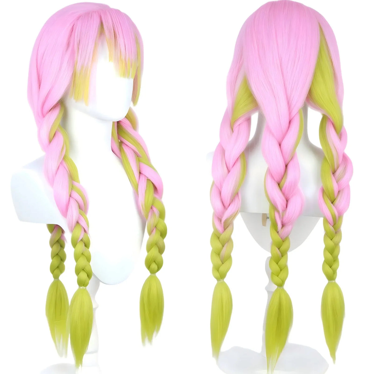 pink to green long thick braided wig for mitsuri kanroji cosplay