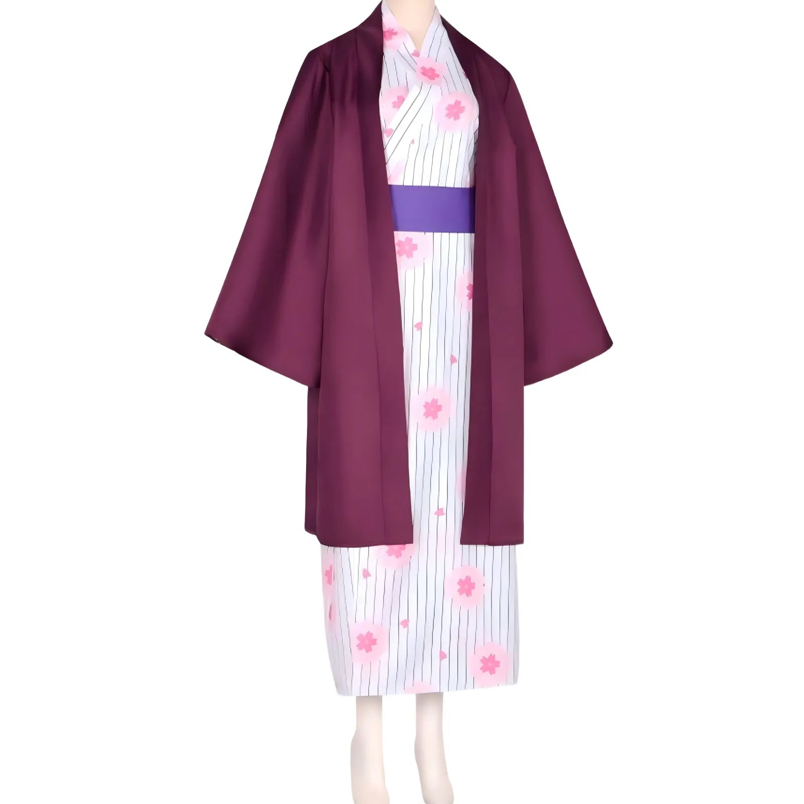 45‑degree side shot of demon slayer mitsuri kanroji kimono cosplay suit